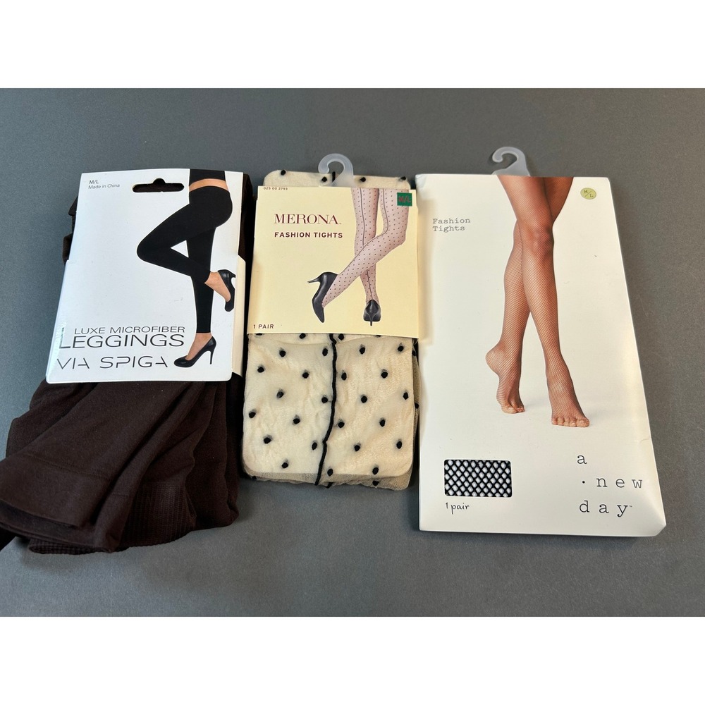Lot of 3 Via Spiga Merona A New Day Tights Leggings ML Brown Polka Dot Fishnet